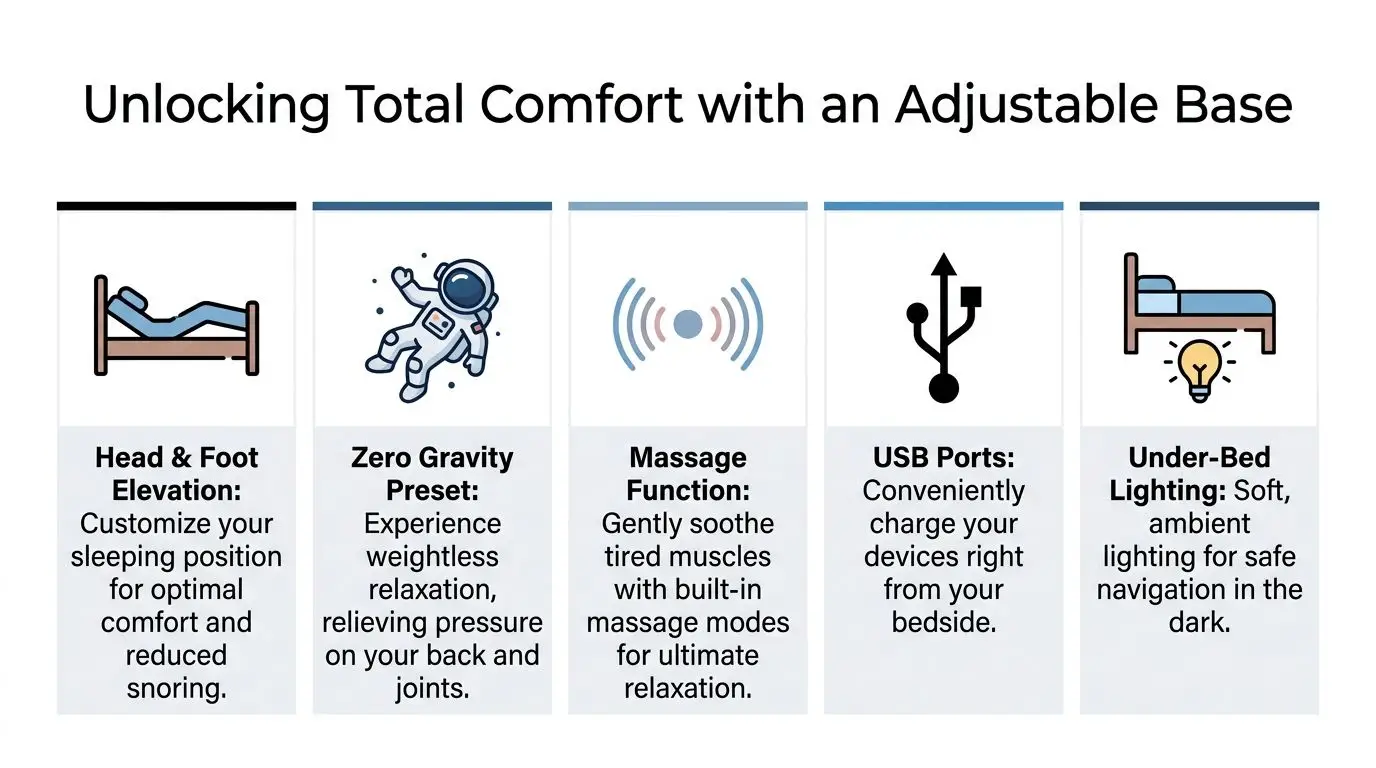 A graphic showing five key features of an adjustable mattress base for improved sleep and comfort.