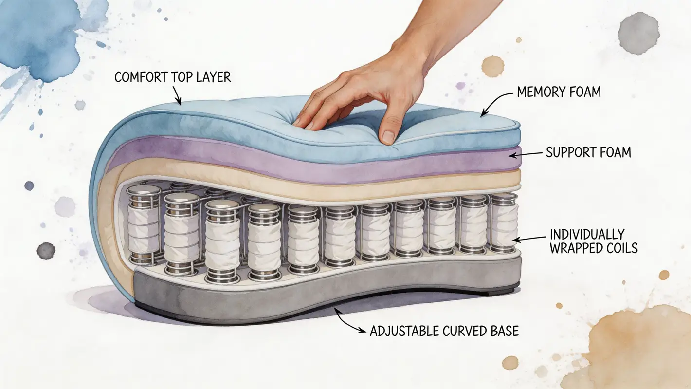 A cross-section illustration of a hybrid mattress showing its comfort layers, memory foam, and individually wrapped coils.