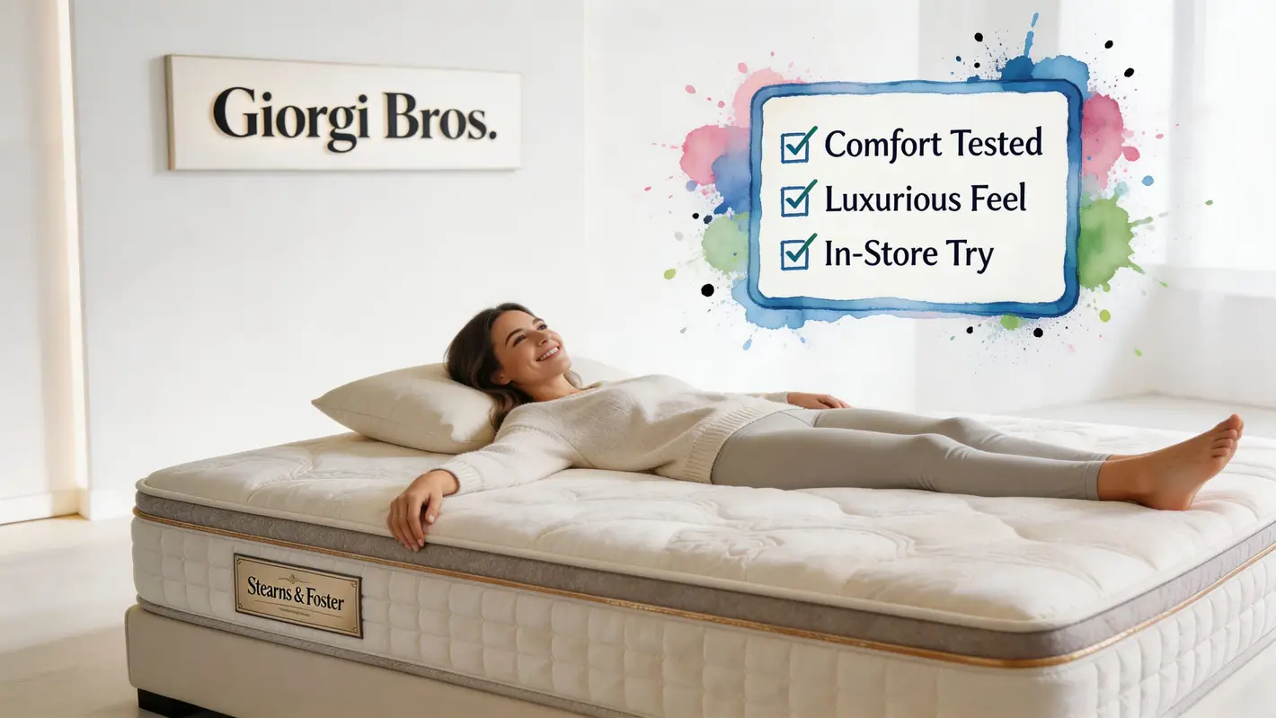 A smiling woman lying comfortably on a white Stearns & Foster mattress in a bright furniture store.
