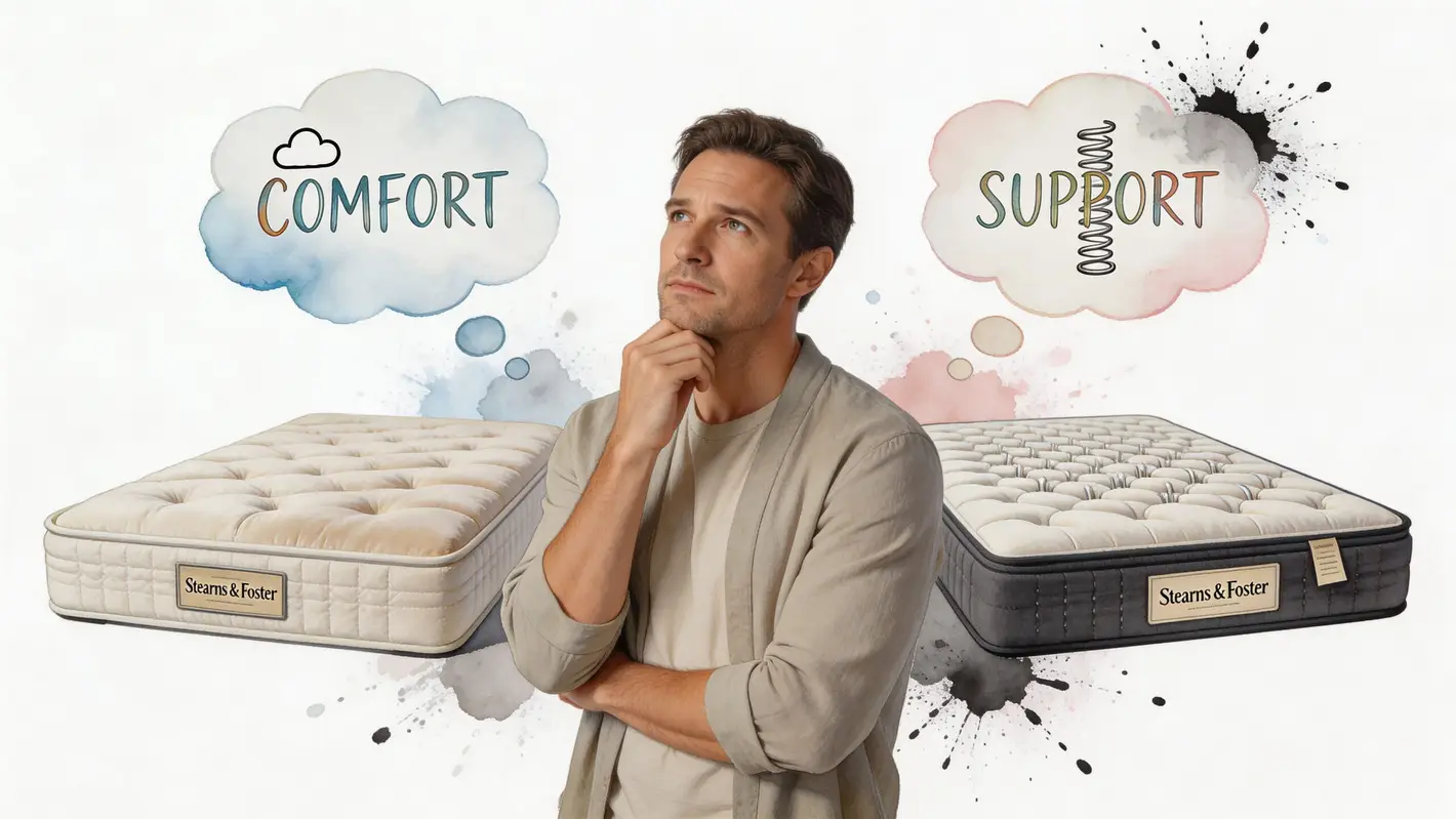 A man thoughtfully comparing the comfort and support features of two different Stearns and Foster mattresses.