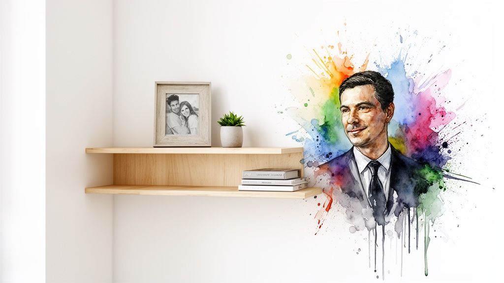 Wooden shelves with a framed photo and books next to a colorful watercolor portrait of a smiling man.