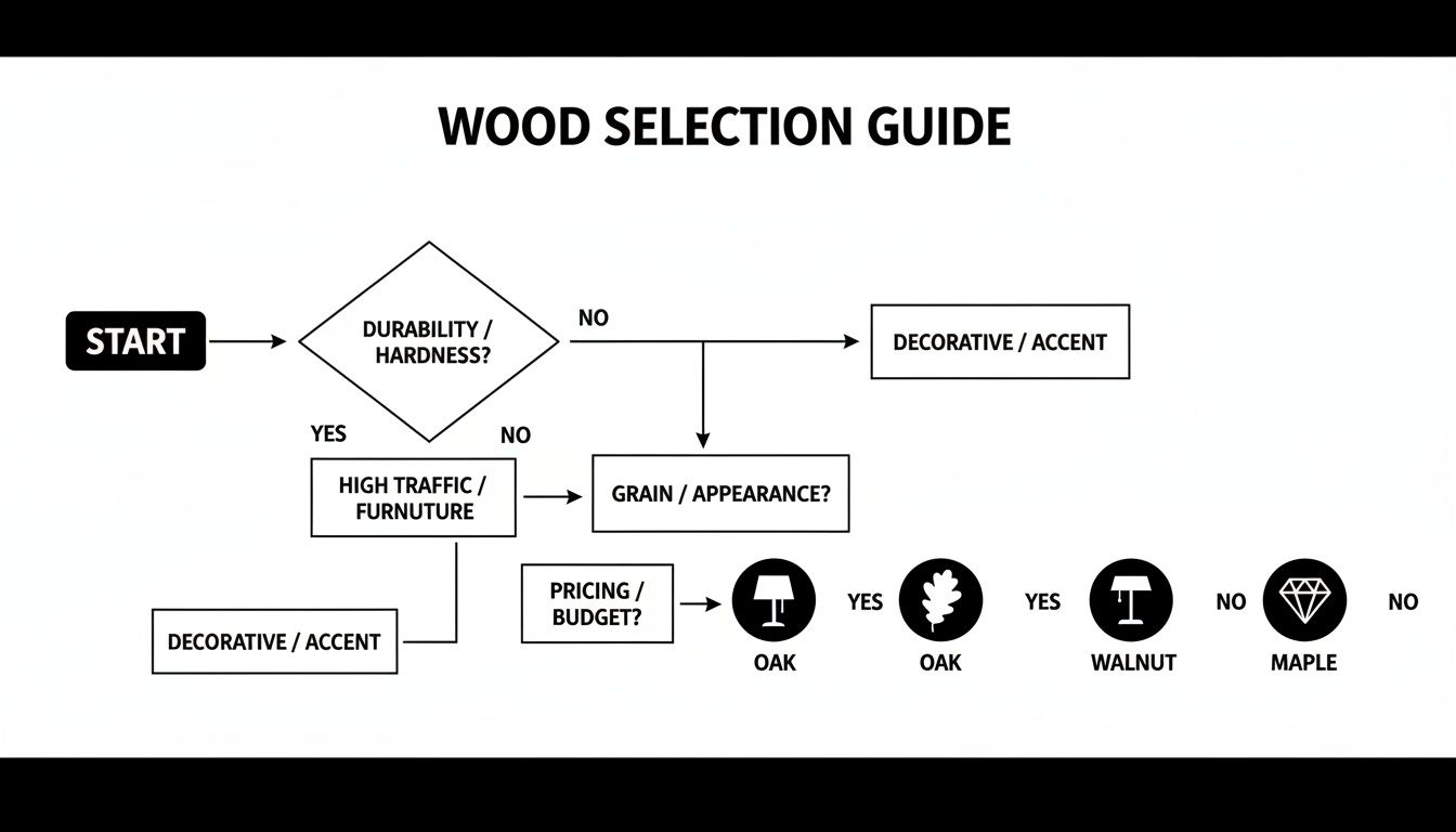 Flowchart for wood selection guide based on durability, traffic, appearance, and budget.