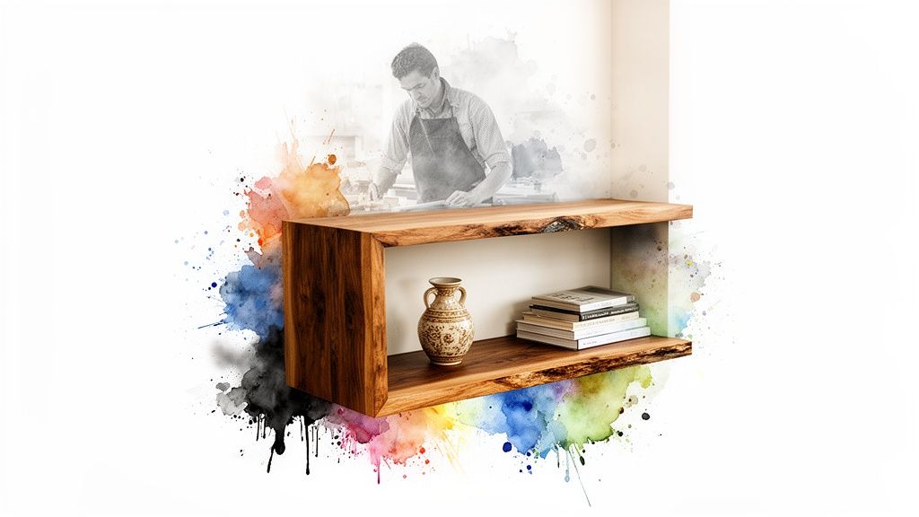Artistic natural wood floating shelf with a vase, books, and a carpenter's sketch, surrounded by watercolor splashes.