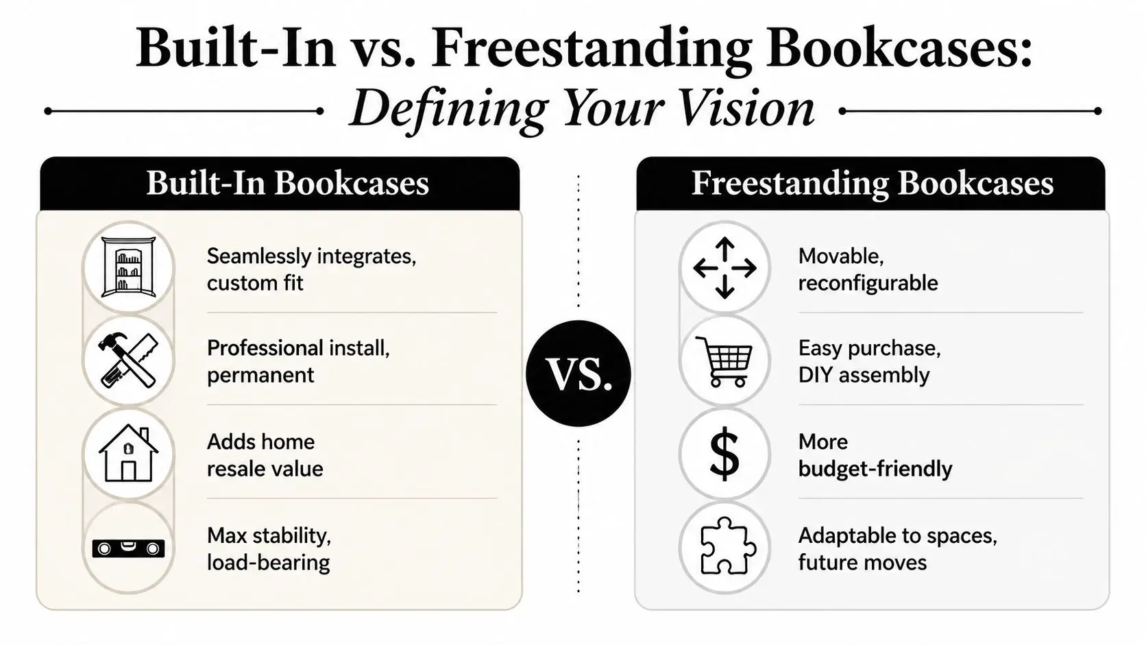 A comparison infographic detailing the differences between built-in and freestanding bookcases for home interior design.