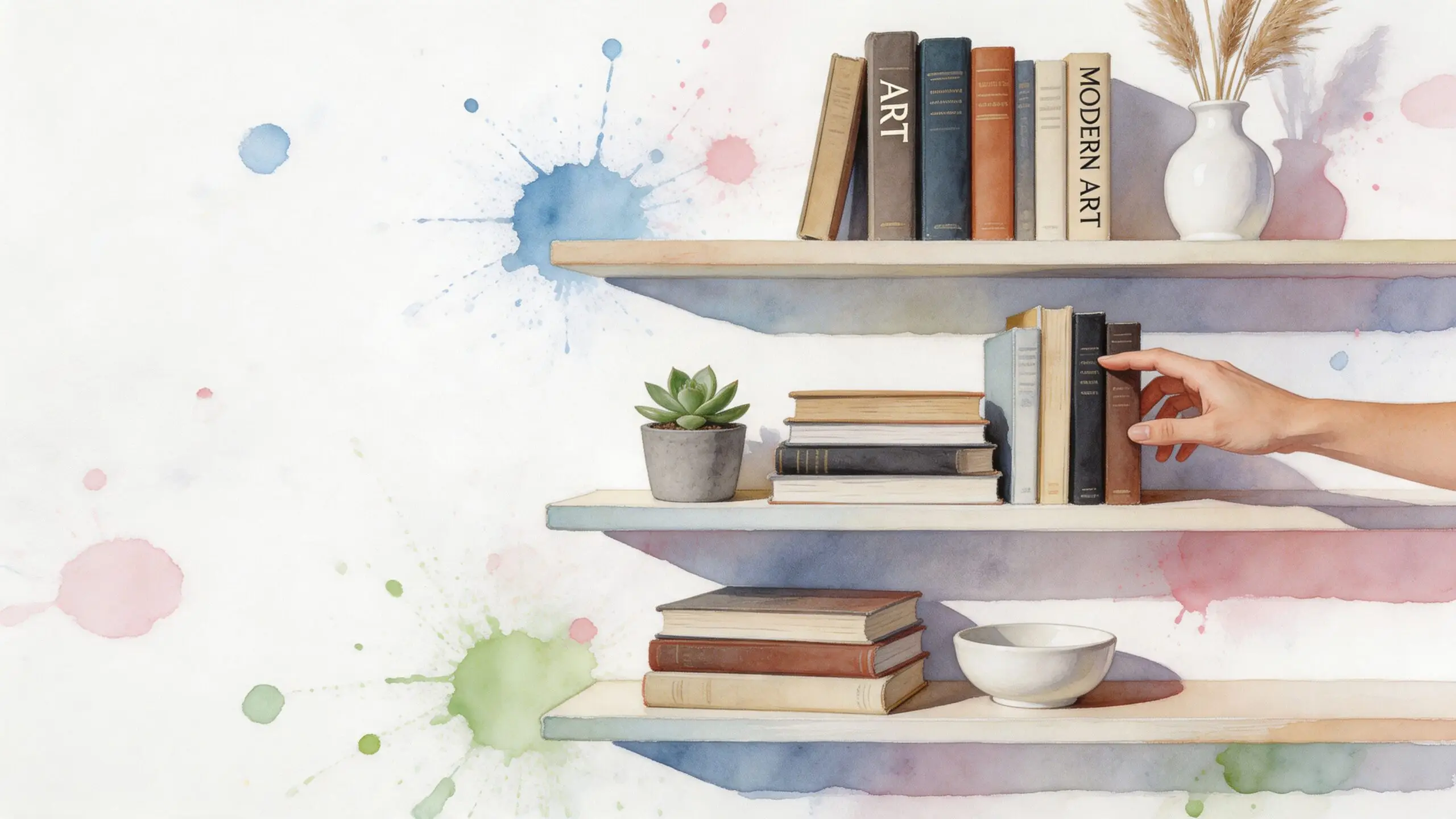 A hand reaching for a book on watercolor painted shelves with a plant, vase, and bowls.