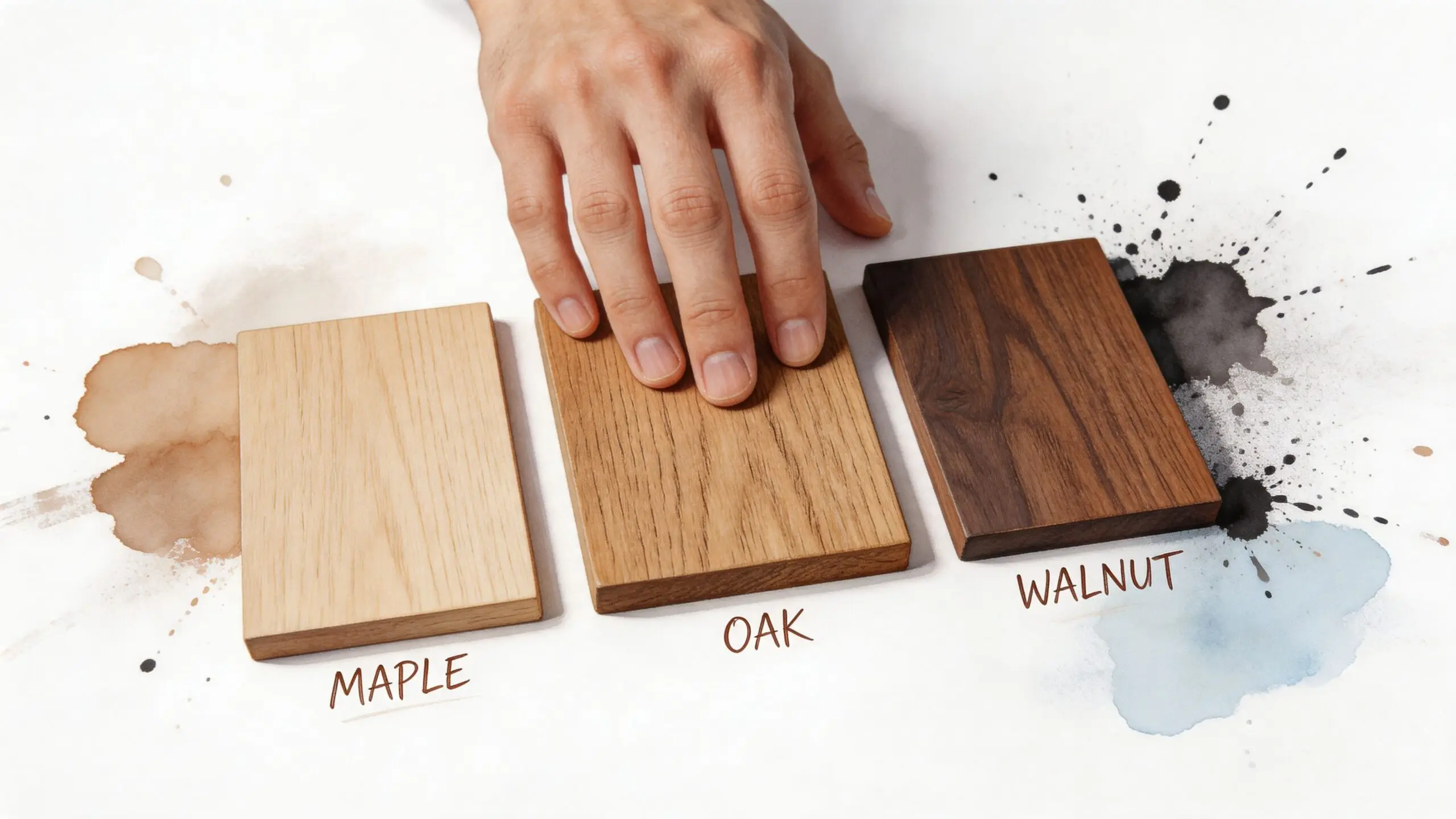 A hand rests on three wooden rectangular samples labeled as Maple, Oak, and Walnut on white paper.
