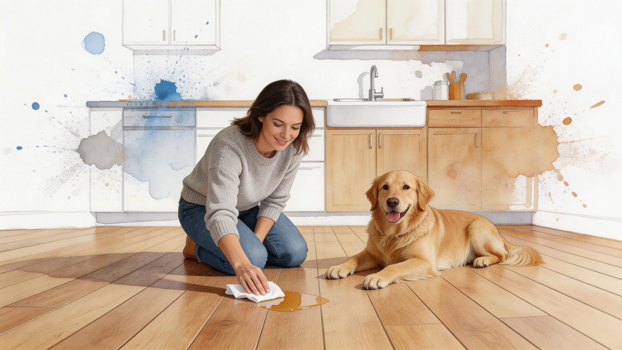 A woman cleaning a spill on luxury vinyl plank flooring while her golden retriever sits nearby.