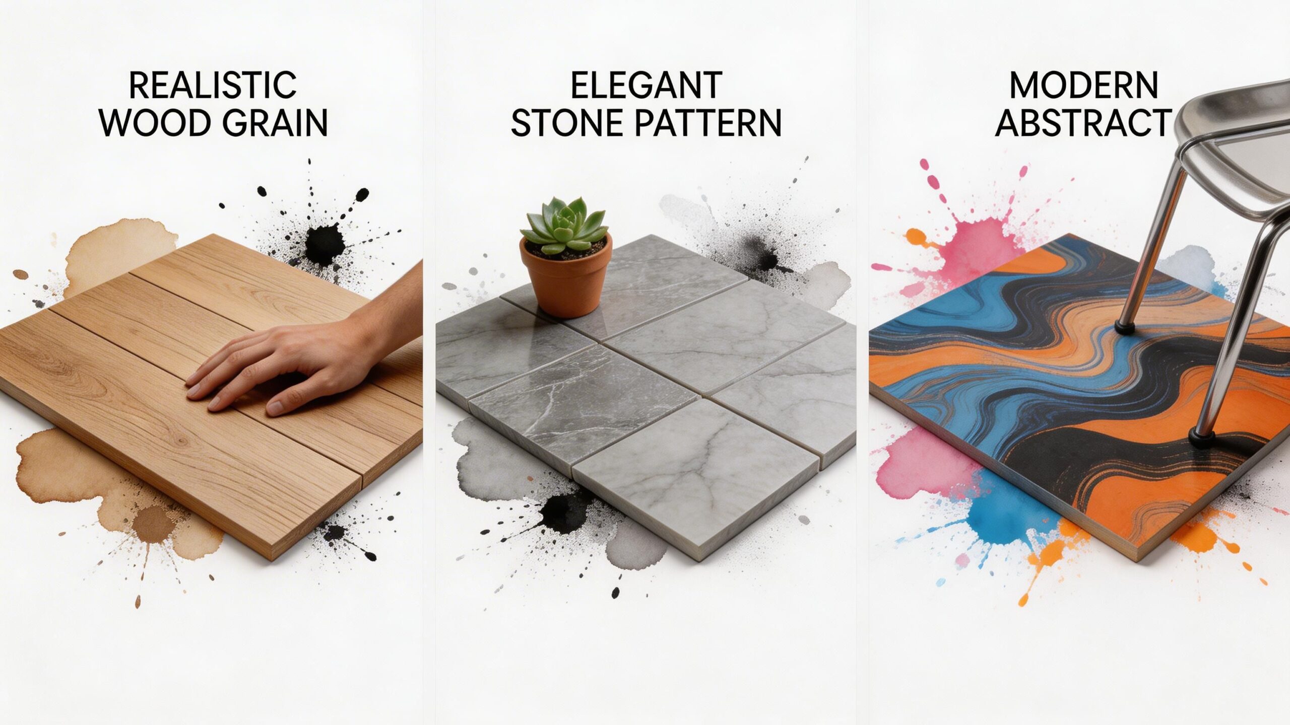 Three samples of luxury vinyl flooring showing wood grain, marble stone, and modern abstract wave patterns.
