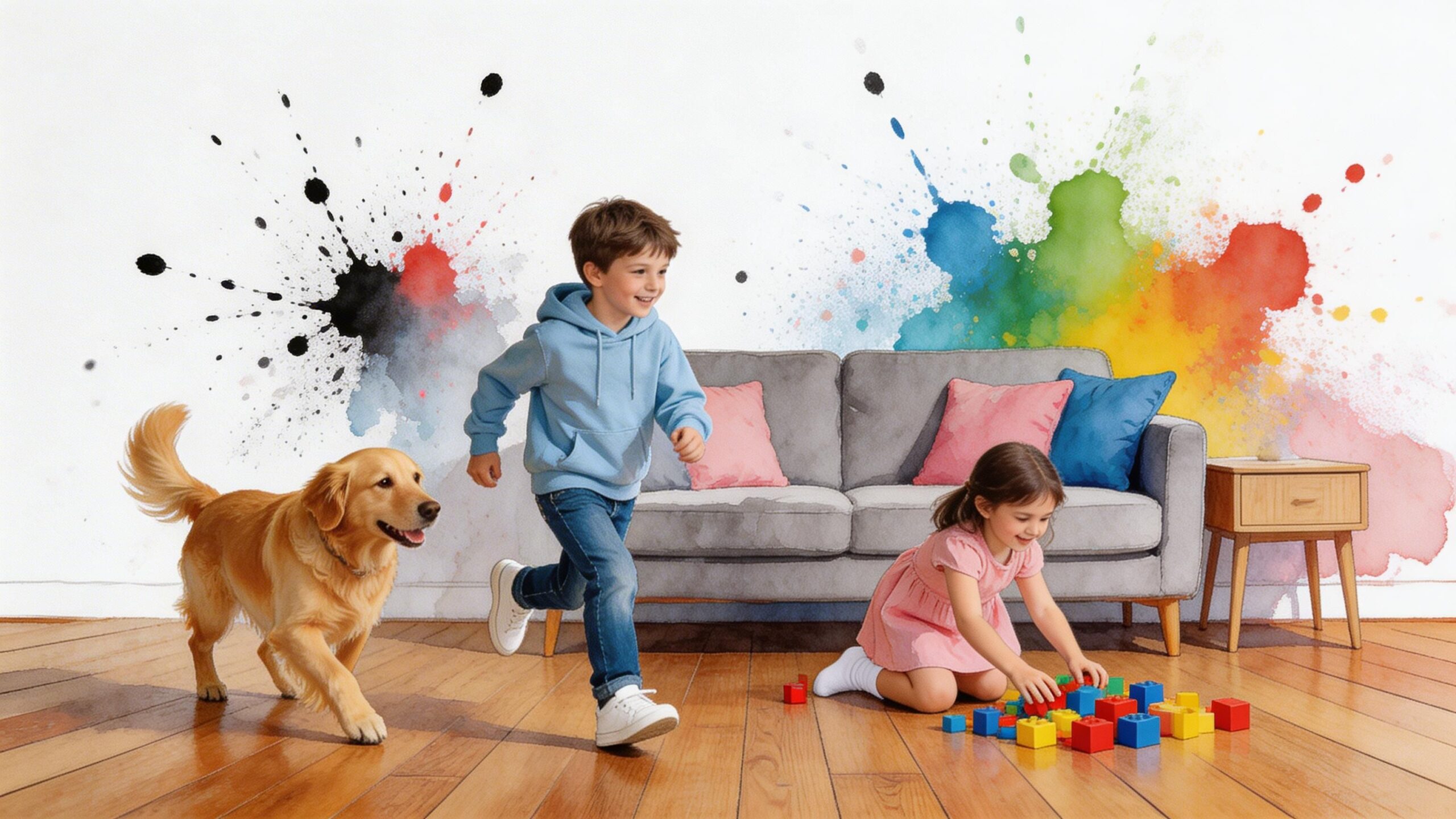 A young boy, a girl playing with blocks, and a golden retriever in a sunlit living room.