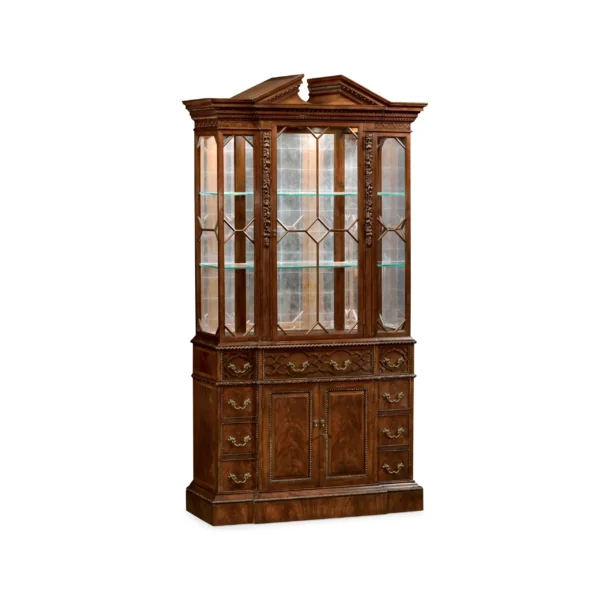 Traditional mahogany-finished china cabinet with glass doors and drawers.