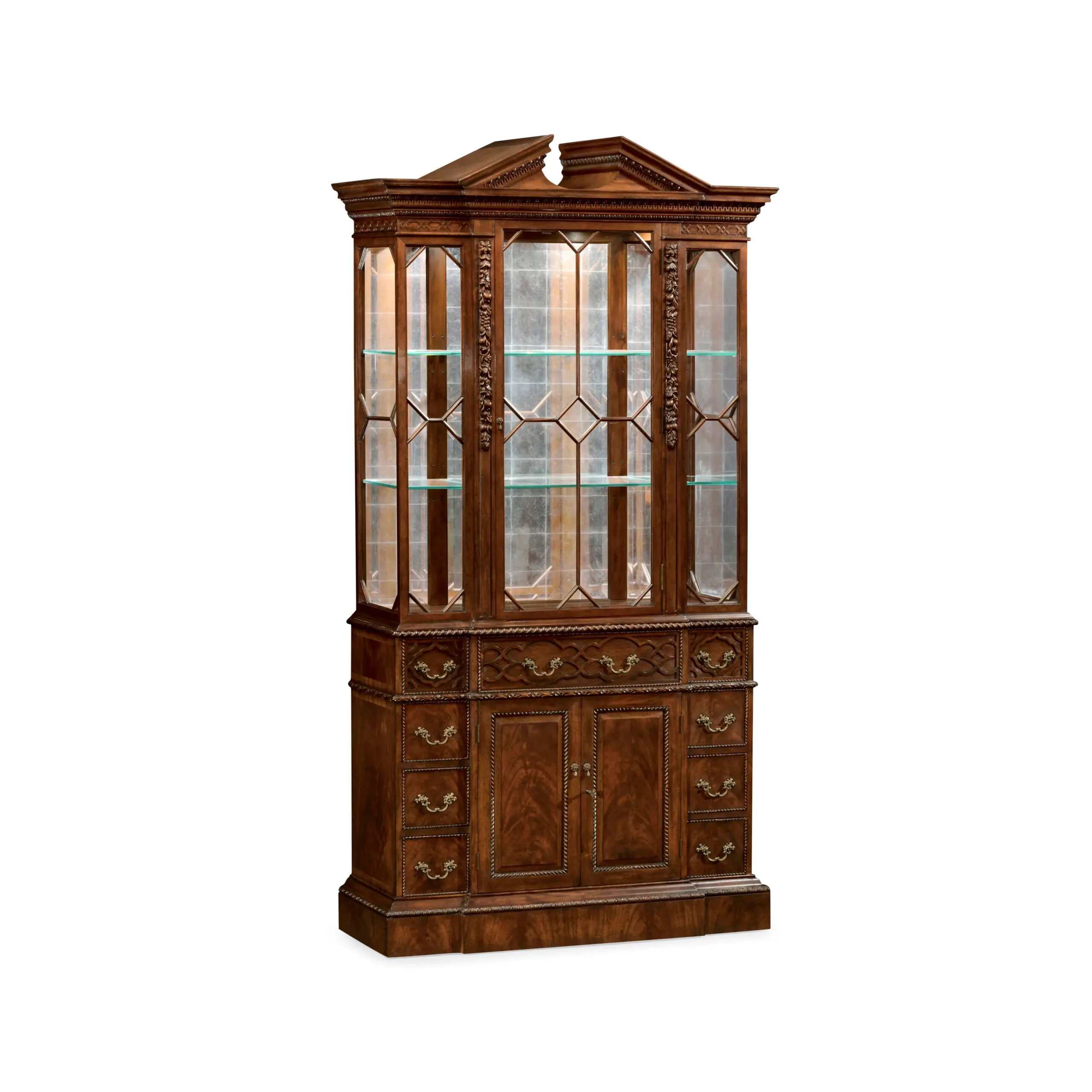 neo classical mahogany china cabinet Traditional mahogany-finished china cabinet with glass doors and drawers.