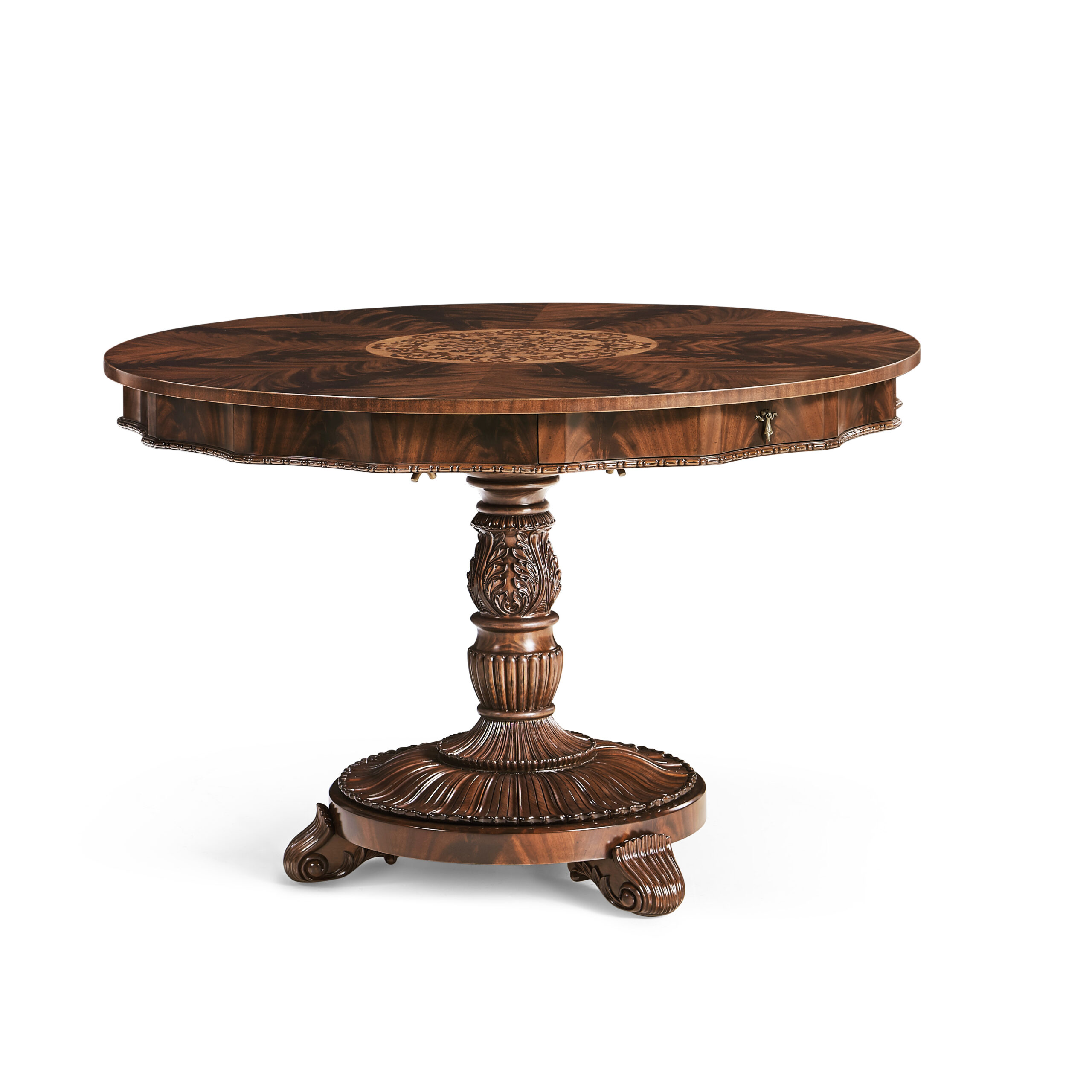 finely inlaid mahogany centre table Ornate dark wood round pedestal table with intricate carvings.