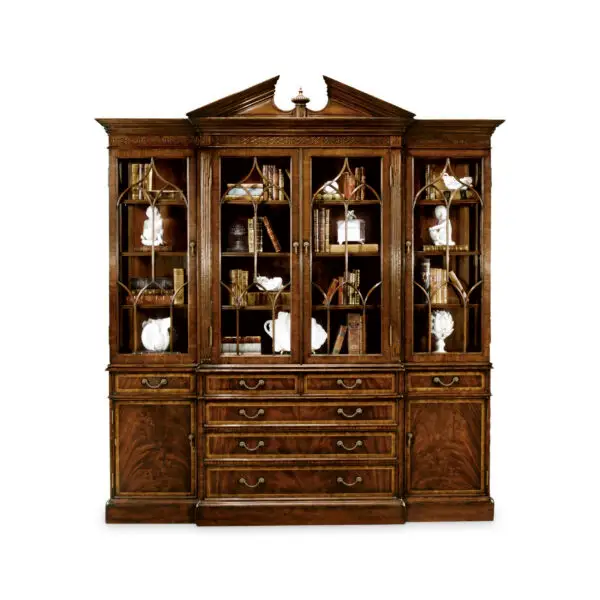 triple mahogany display cabinet with drawers
