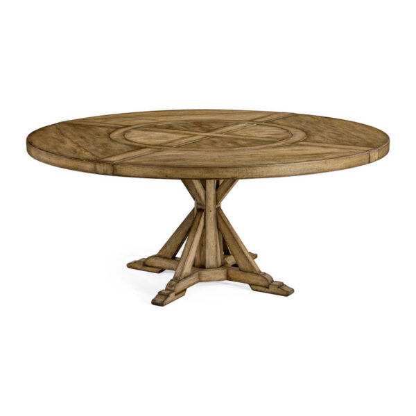 medium brown driftwood round dining table with inbuilt lazy susan 72"