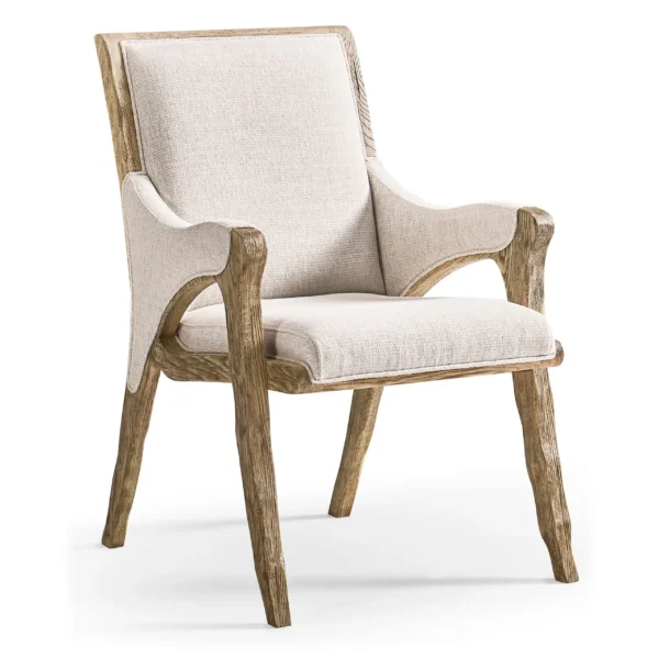 Elegant wooden armchair with cream fabric upholstery on white background.