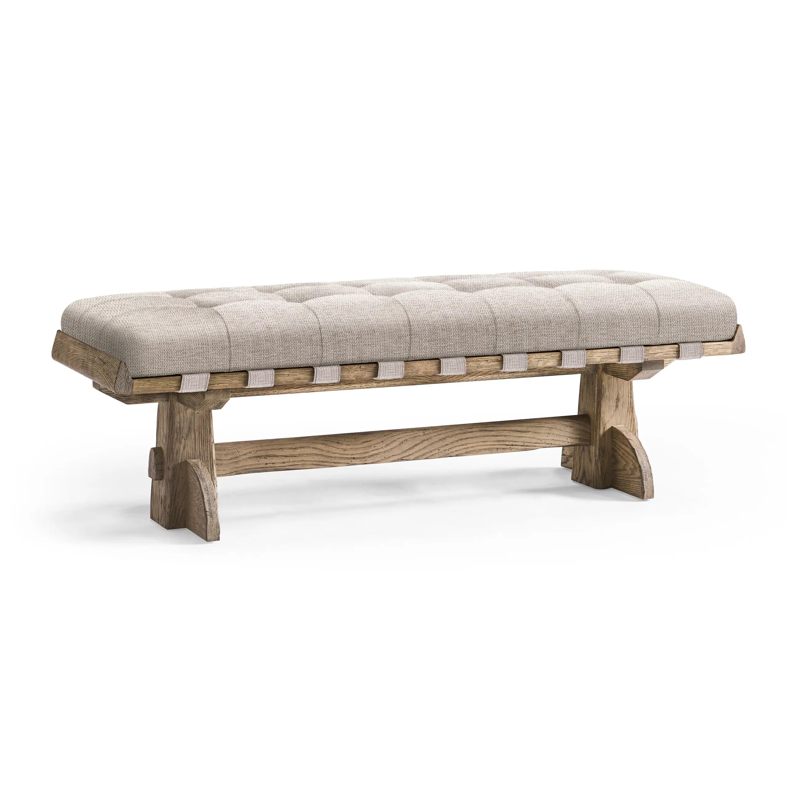 echo canyon upholstered bench Rustic wooden bench with tufted grey upholstered cushion seat.