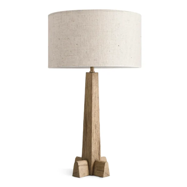 Modern wooden table lamp with a linen drum shade.