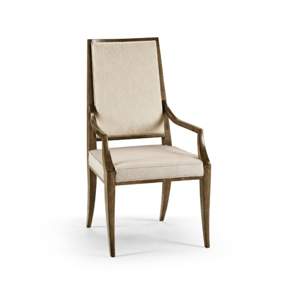 Traditional wood dining armchair with beige upholstered seat and back.