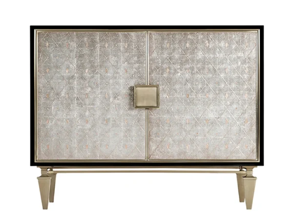 Elegant metallic diamond patterned cabinet with tapered gold legs.