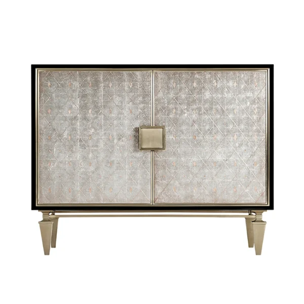 Elegant metallic diamond patterned cabinet with tapered gold legs.