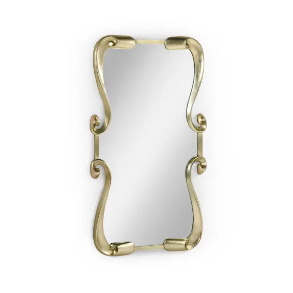 Modern gold wall mirror with elegant, curved frame accents.