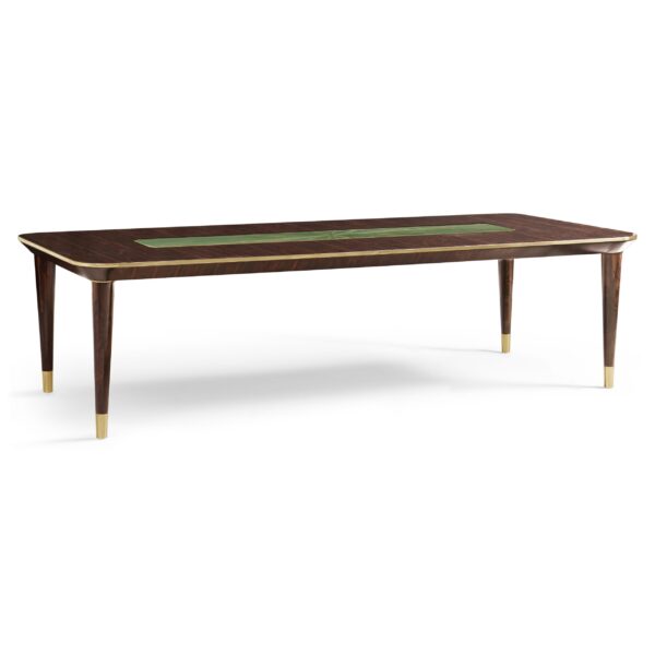 Rectangular dark wood dining table with gold trim and inlay.