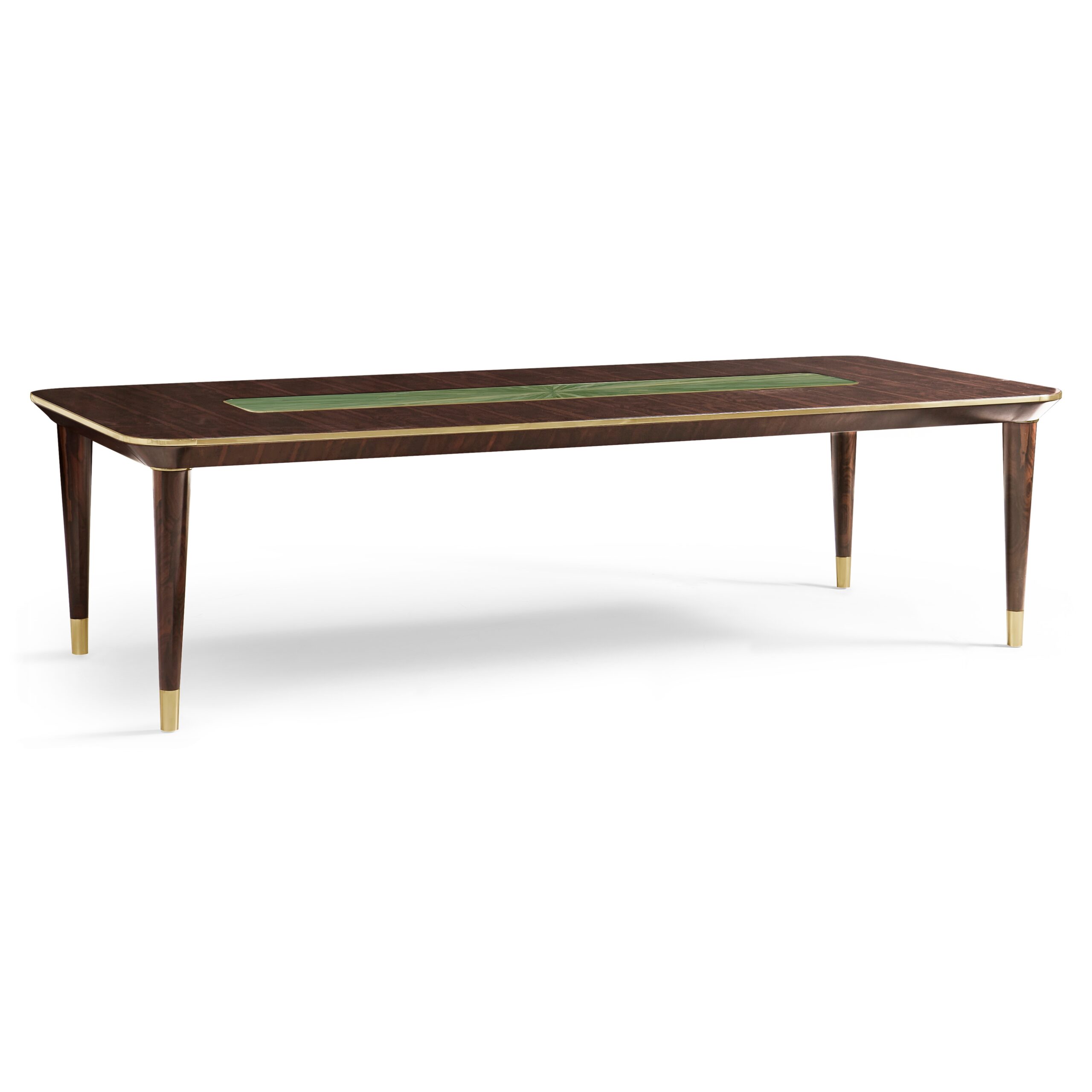 verdure rectangular dining table 112" Rectangular dark wood dining table with gold trim and inlay.