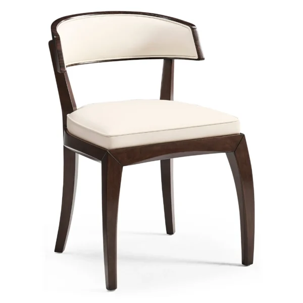 Modern dark wood dining chair with cream leather upholstery.