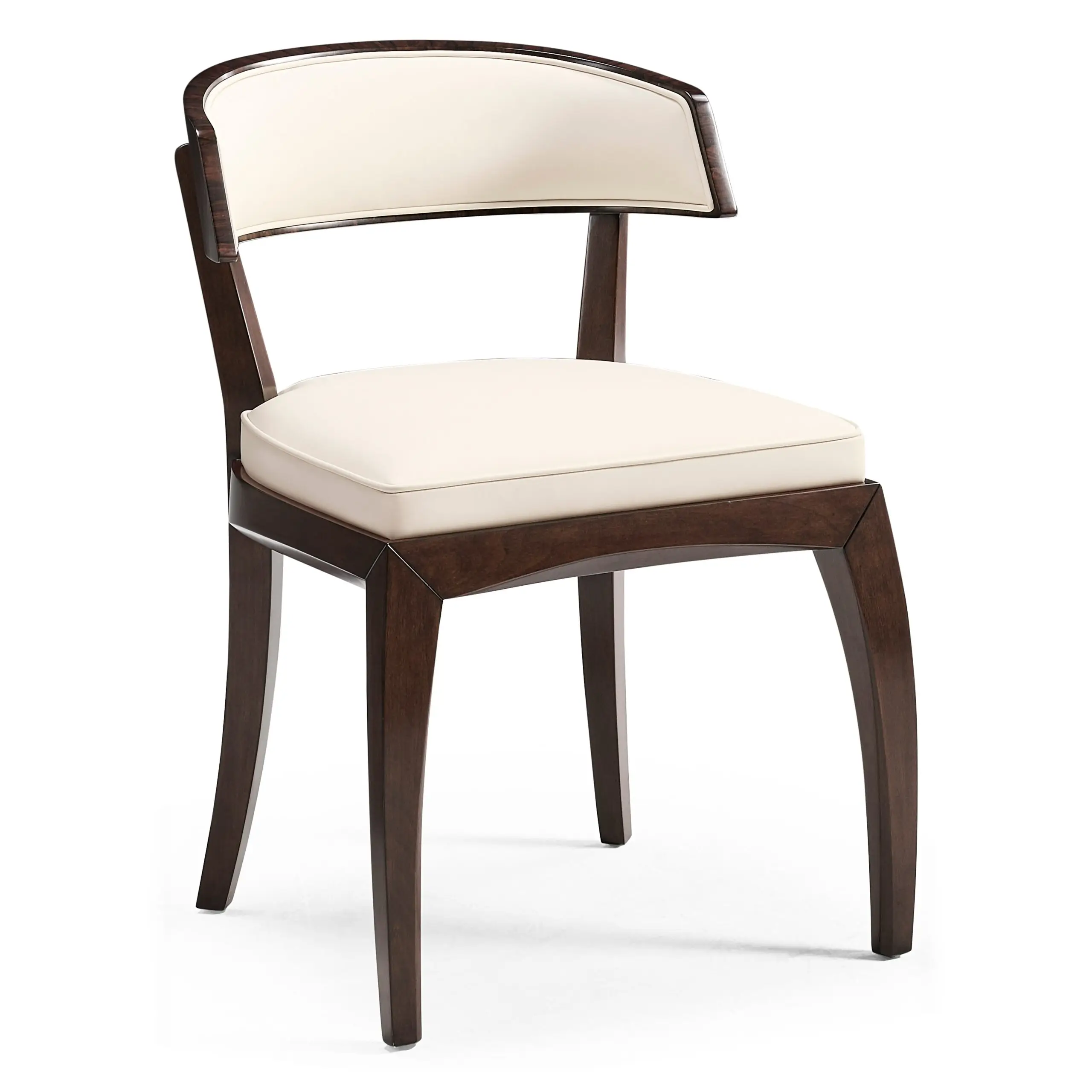 ziricote dining side chair Modern dark wood dining chair with cream leather upholstery.