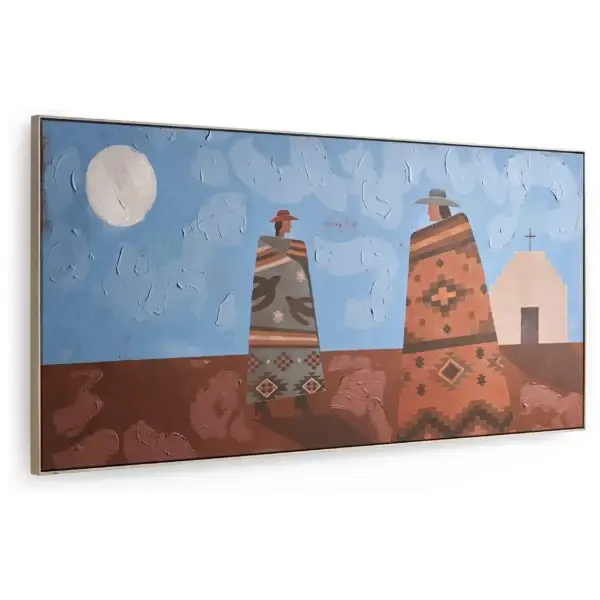Southwestern art painting of figures in ponchos and desert landscape.
