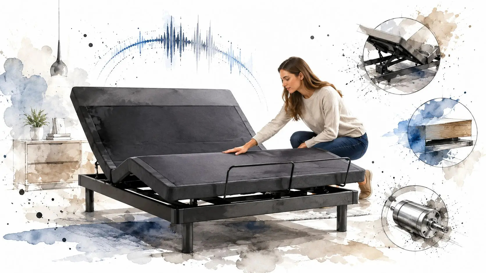 A woman adjusting a modern dark grey adjustable bed base in a bright bedroom setting.