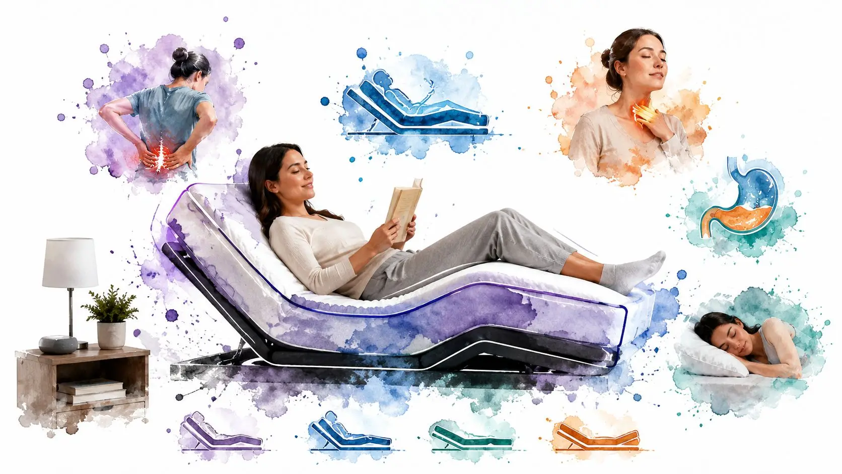 A woman reading in an adjustable bed, highlighting pain relief benefits and different positioning options for better health.