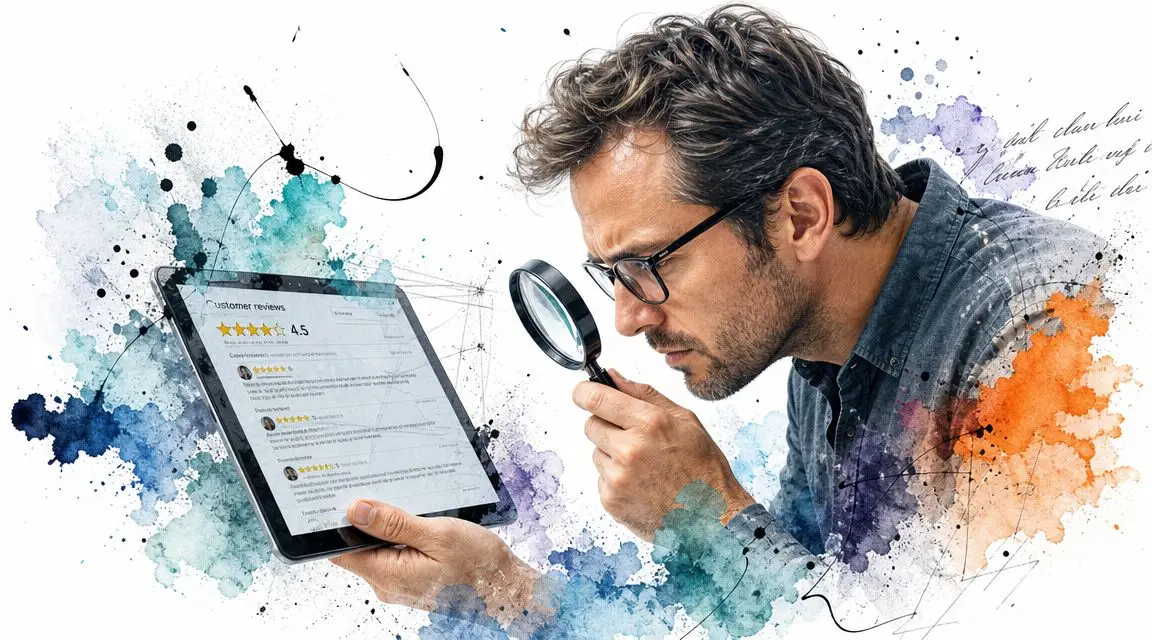 A focused man examines customer reviews on a digital tablet with a magnifying glass in an artistic setting.
