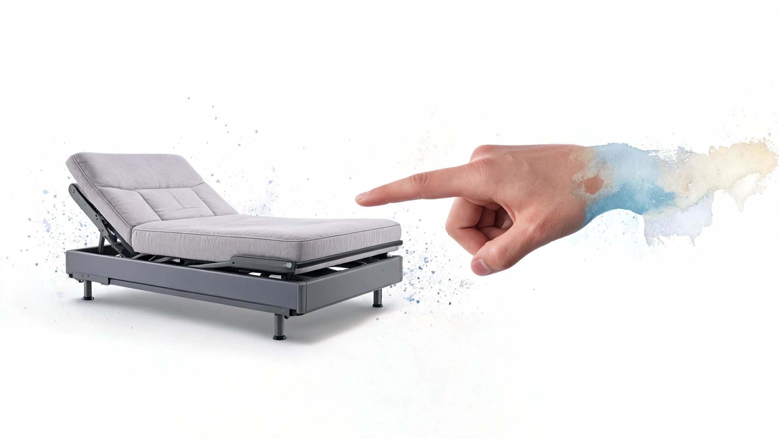 A hand emerging from a watercolor splash pointing toward a modern gray adjustable bed frame.