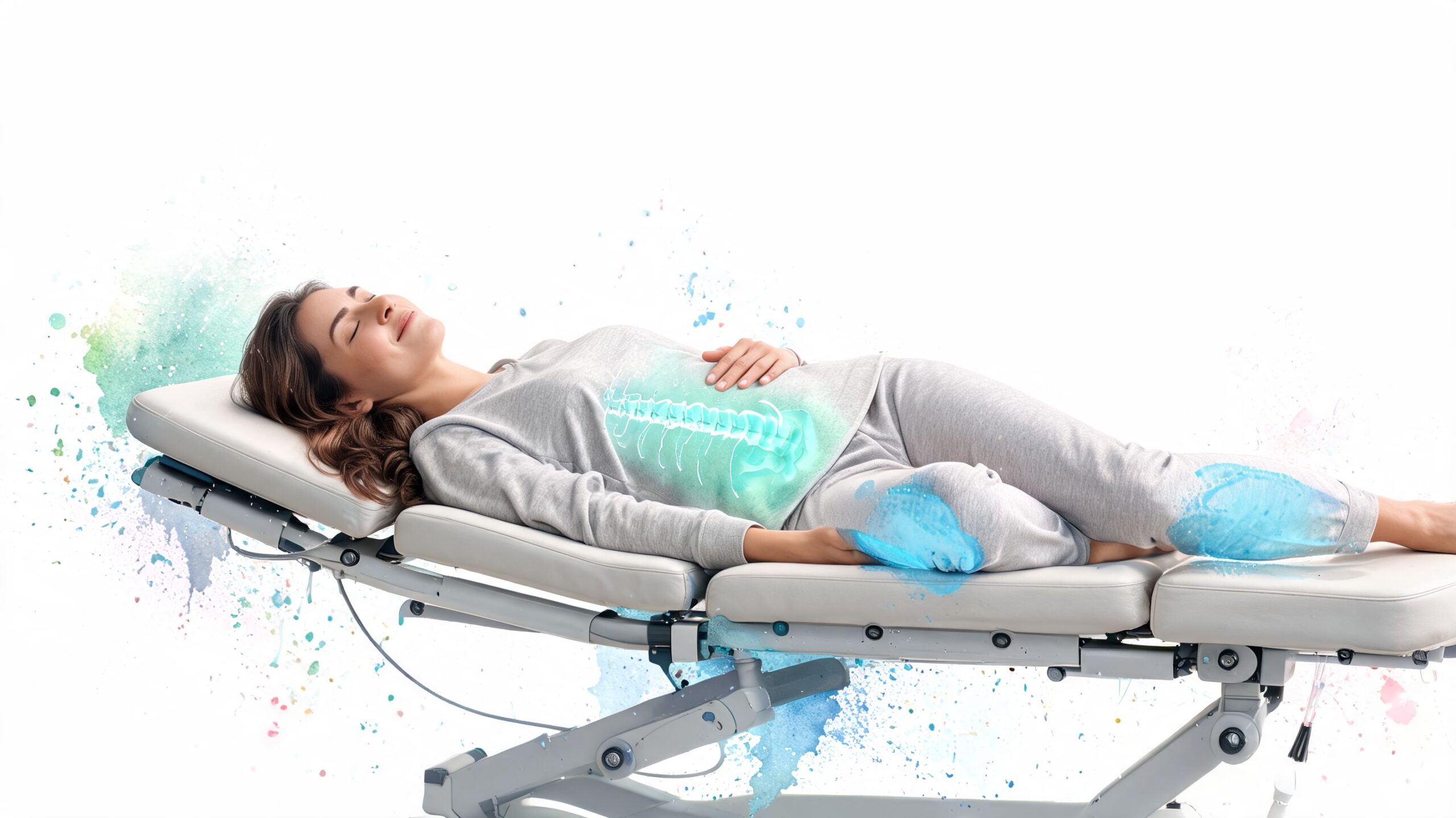 A woman rests on an adjustable medical treatment table, showcasing spinal alignment and physical therapy benefits.