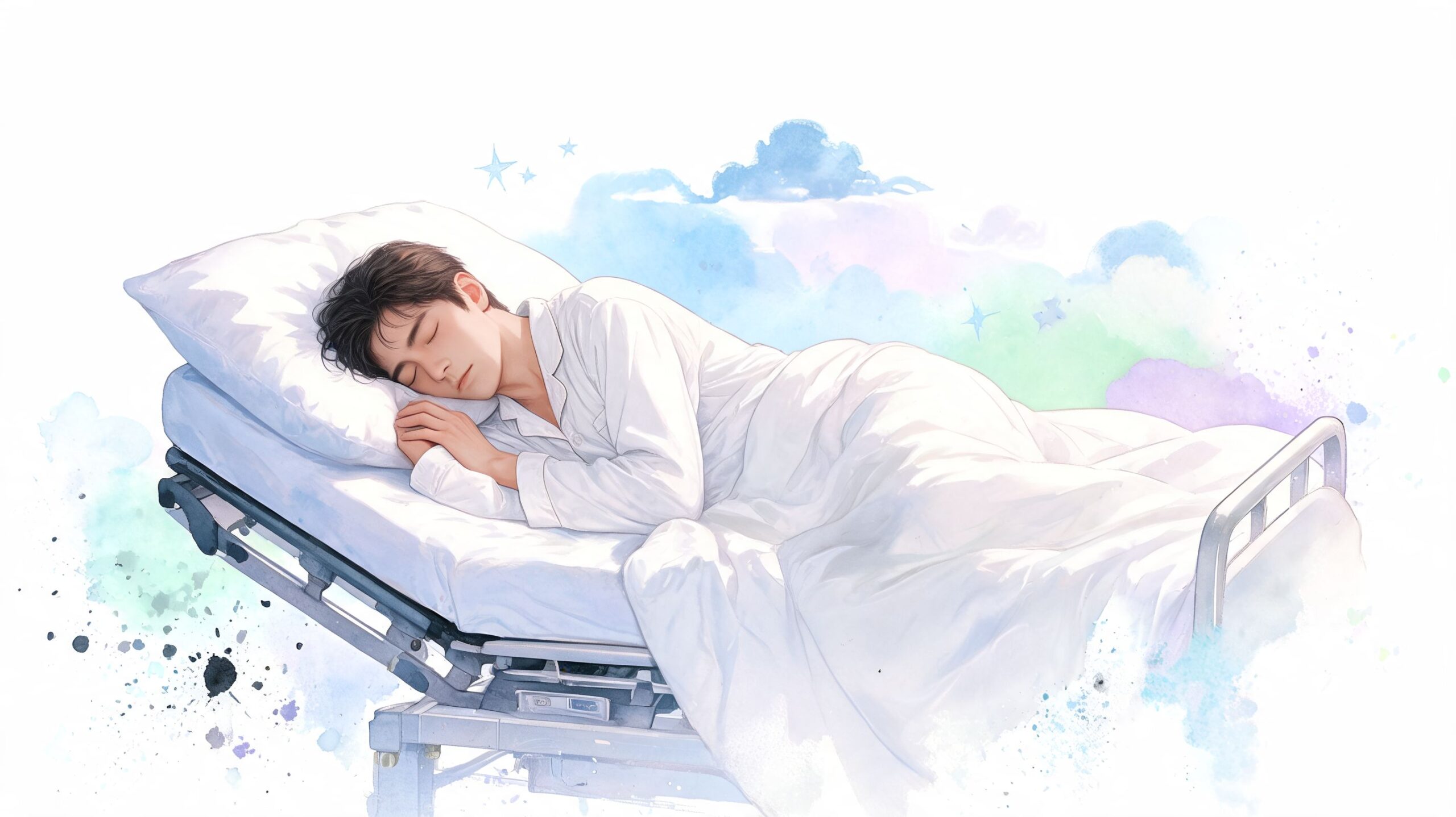 A young man sleeping peacefully on a white adjustable medical bed with soft watercolor background elements.