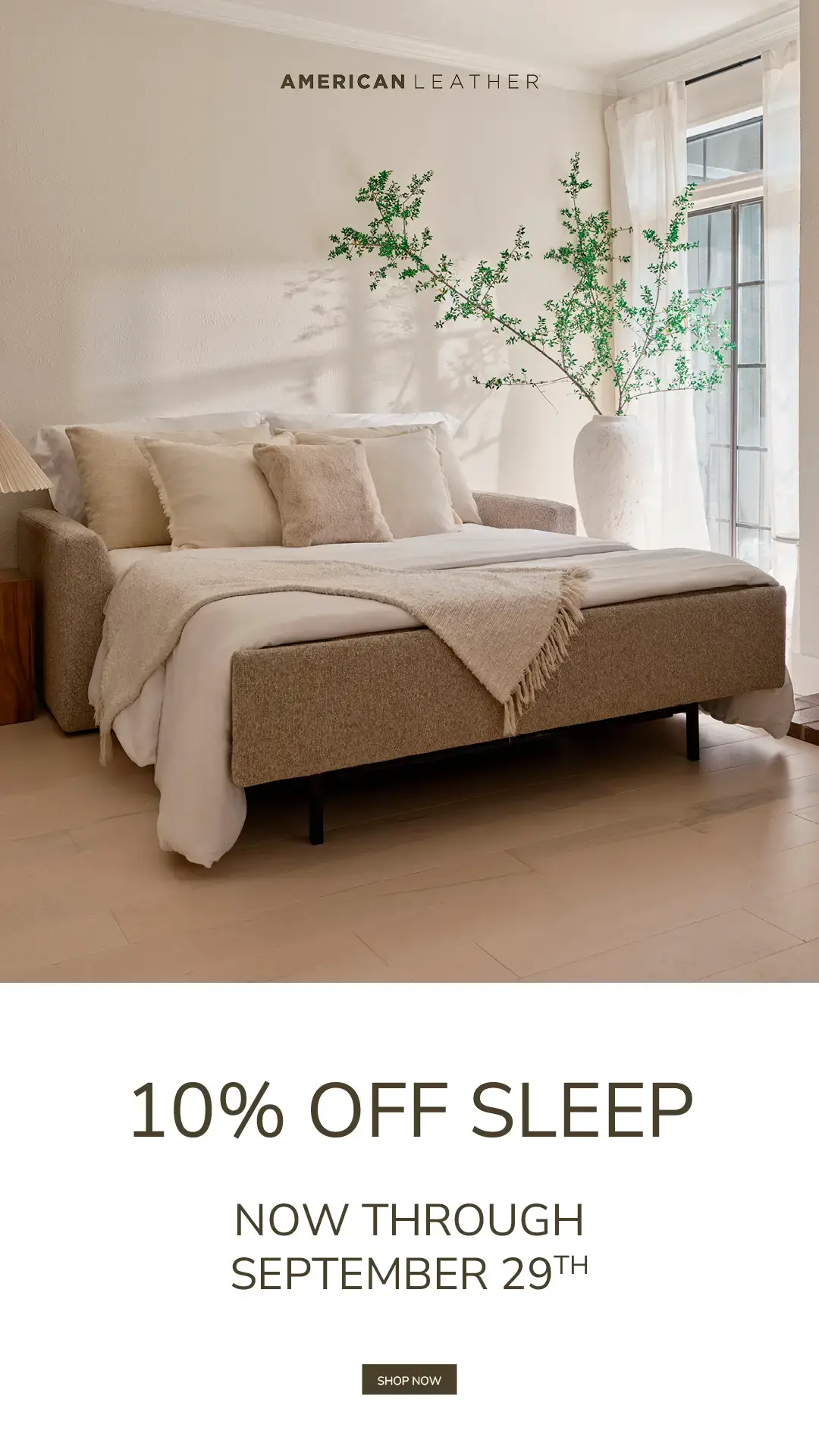 Modern beige sleeper sofa in a bright, minimalist room.