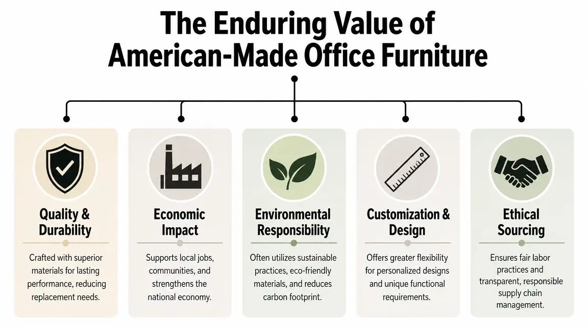An infographic outlining five key benefits of purchasing American-made office furniture for businesses and professionals.