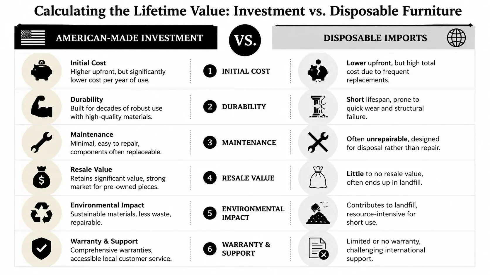 A comparison chart showing benefits of American-made investment furniture versus cheap, disposable imported furniture options.