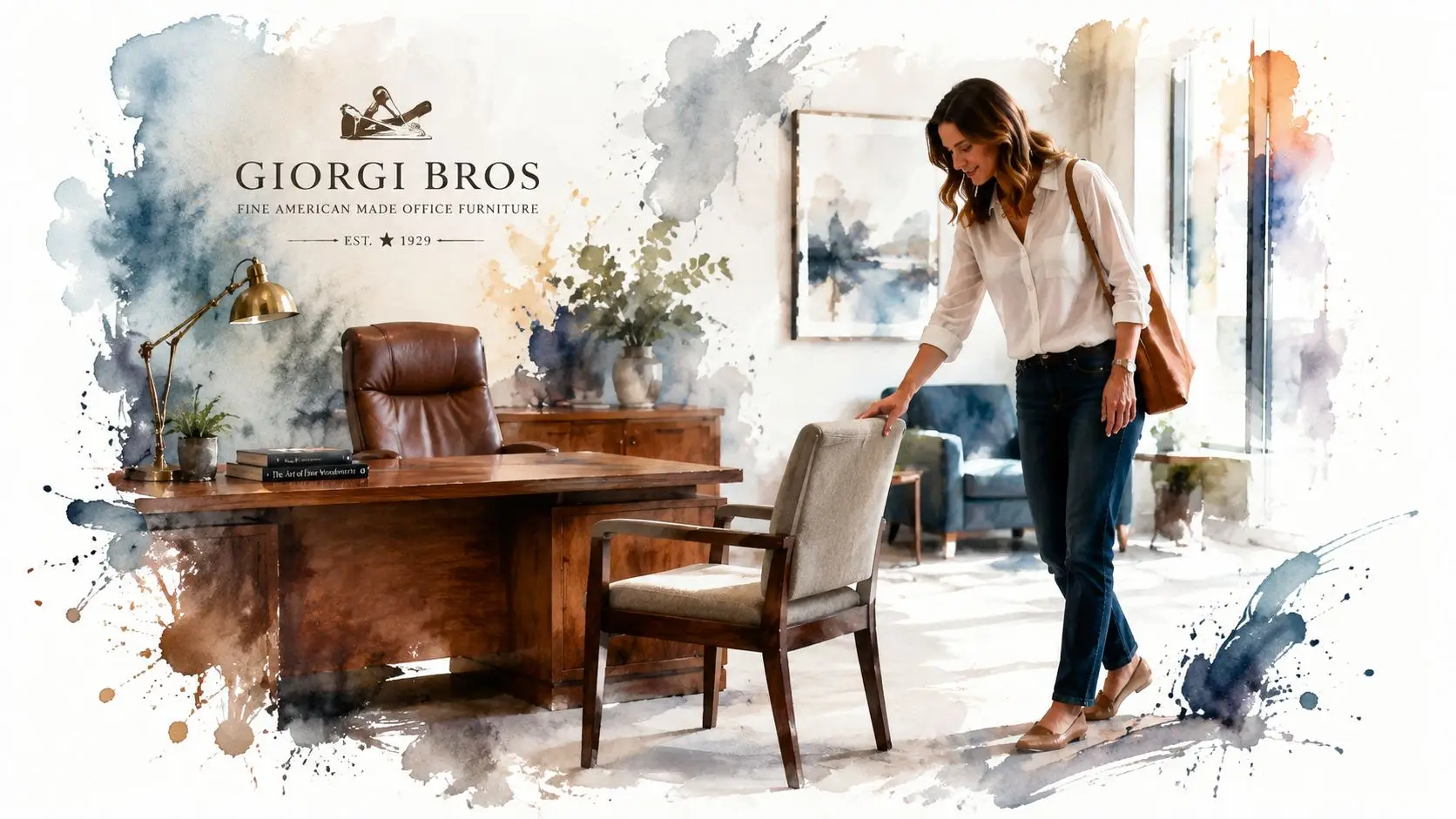 A woman adjusting a high-quality, American-made office chair in a beautifully designed, professional executive office space.