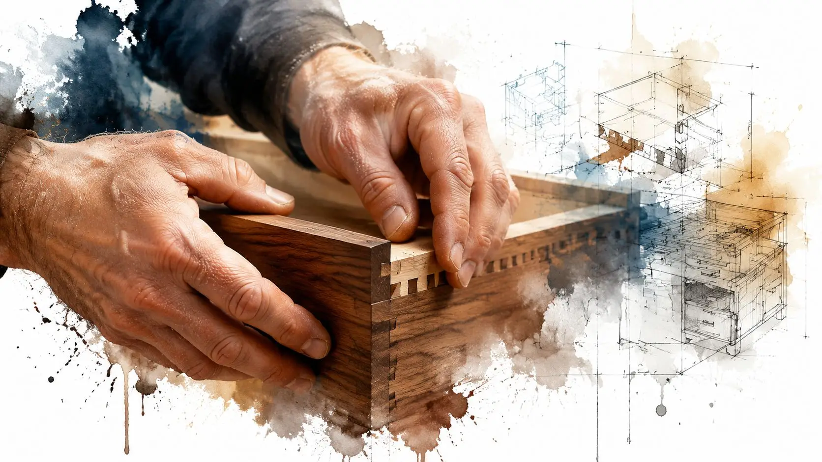 A woodworker crafting a wooden drawer with detailed dovetail joints beside a technical furniture design sketch.