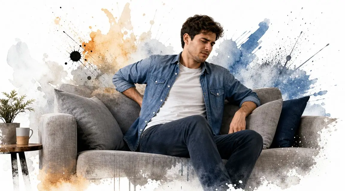 A young man sitting on a gray couch in pain, holding his lower back due to discomfort.