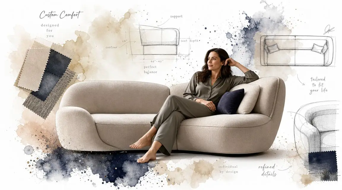 A woman sits comfortably on a modern beige sofa featuring technical sketches and fabric swatches in the background.