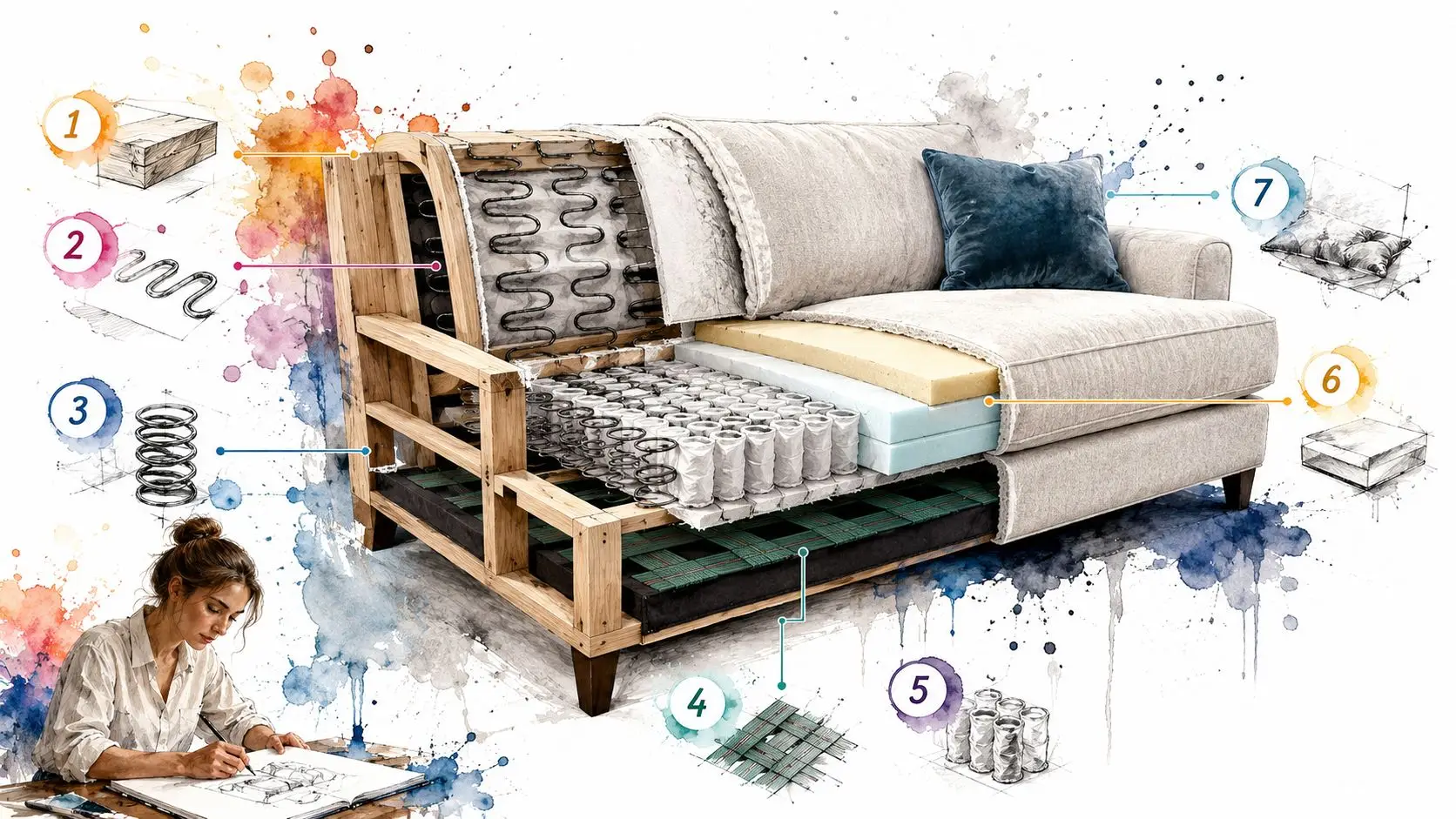 A detailed technical illustration of a sofa's layered construction showing springs, foam, and frame components.