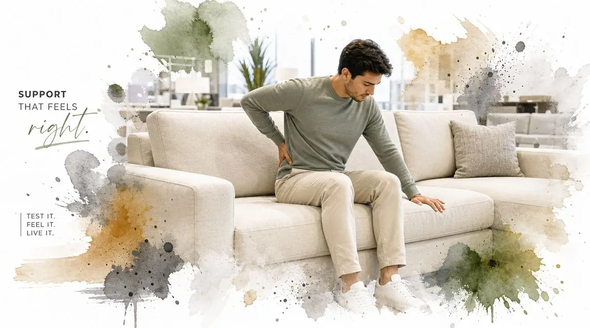 A man sitting on a comfortable cream-colored sofa in a showroom while testing its back support.