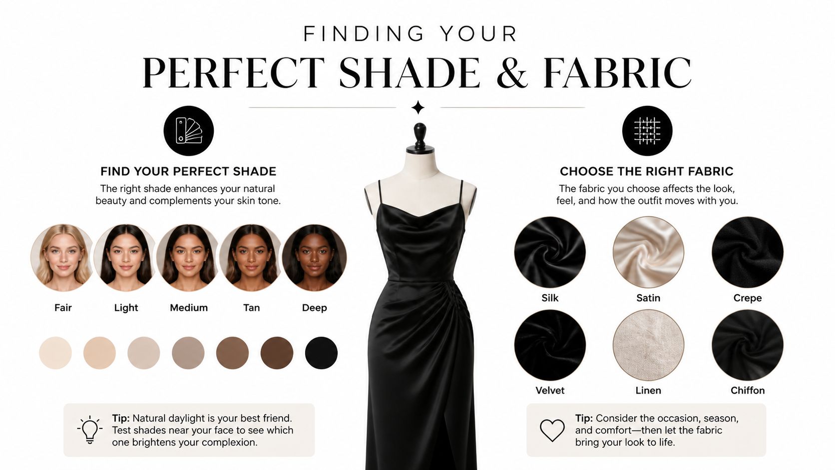 An infographic guide for choosing the perfect dress shade and fabric based on skin tone and style.