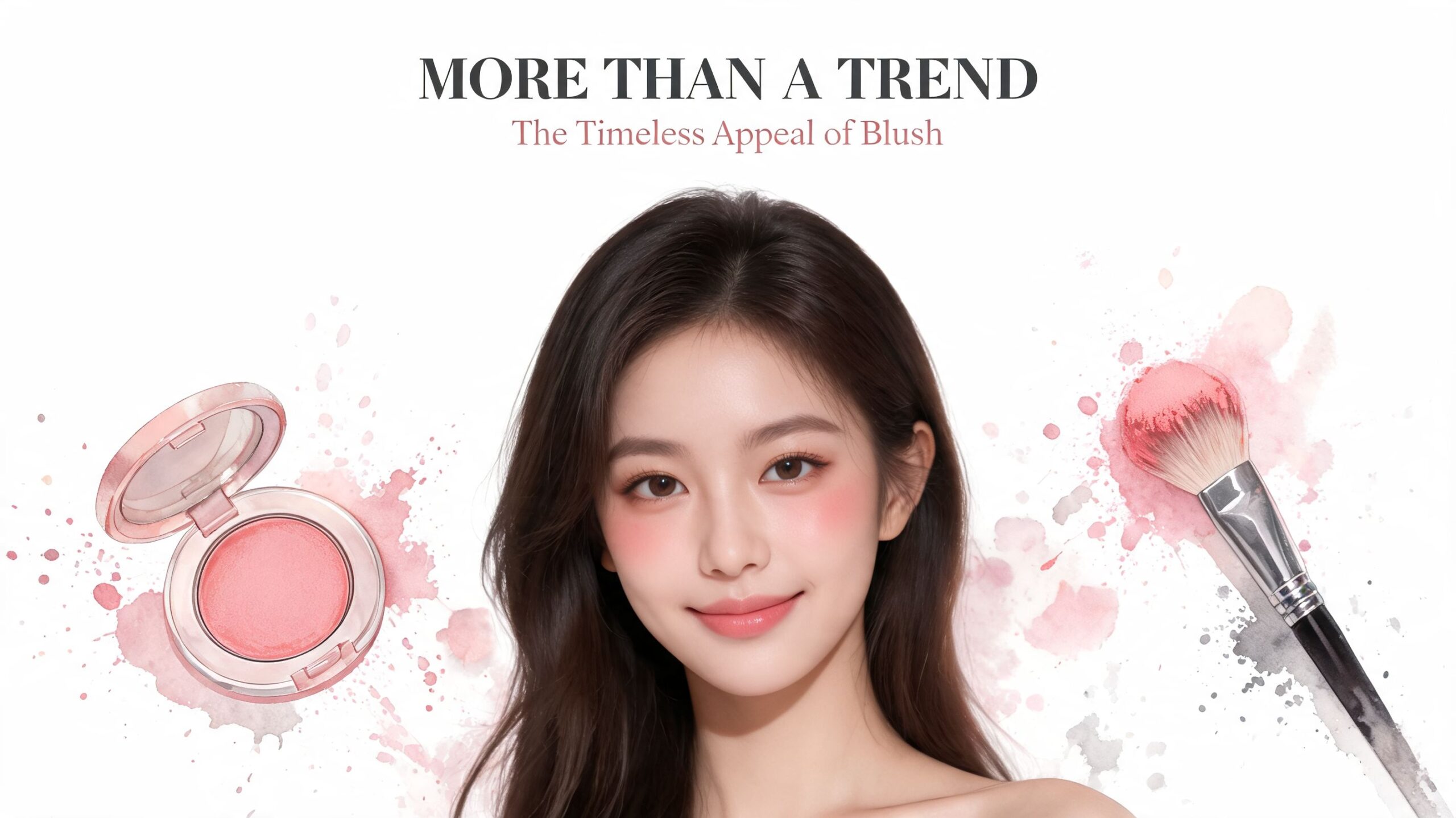 A beautiful young woman with soft pink blush, a blush compact, and a makeup brush, displayed artistically.
