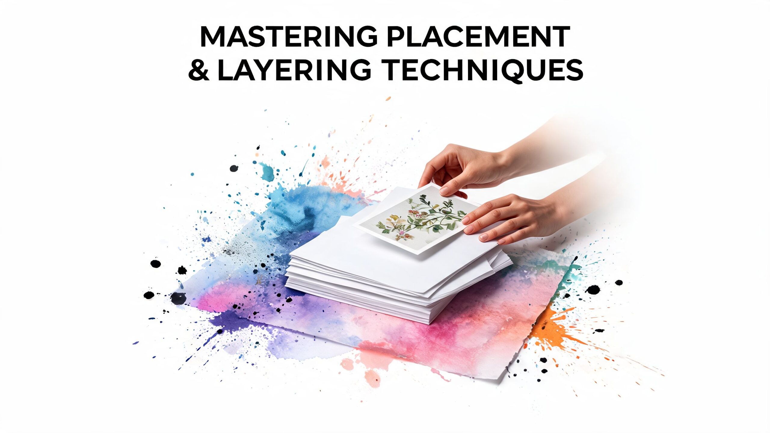 A person layering a botanical art card on a stack of white paper over watercolor splashes.