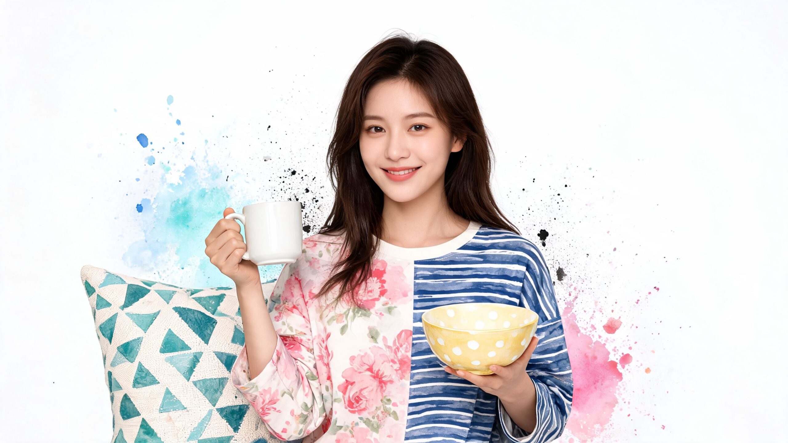 A woman smiling while holding a white mug and a yellow polka dot bowl.