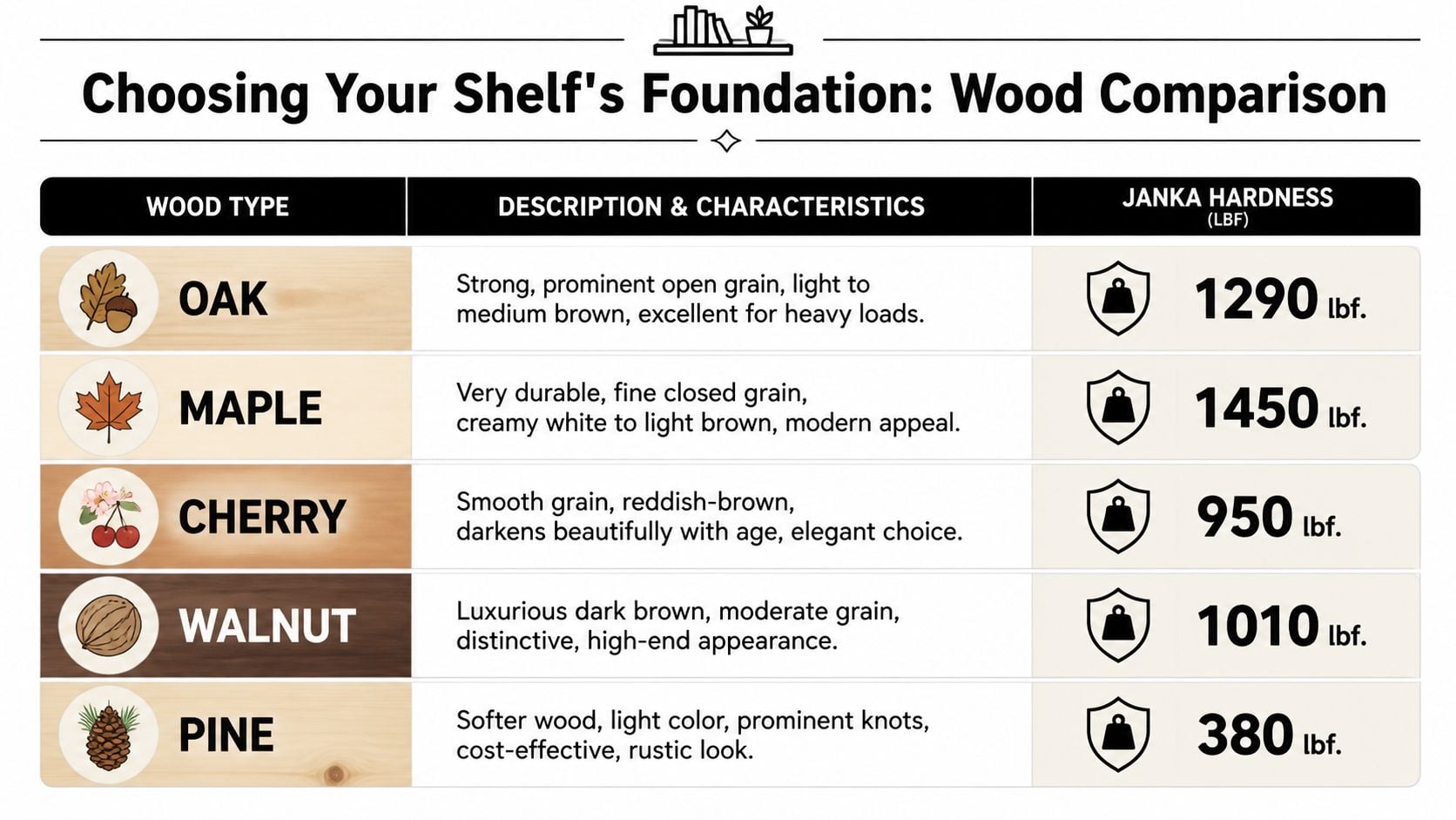A comparison chart of different wood types for shelves, including descriptions and their Janka hardness ratings.